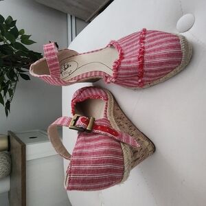 Life Stride Red Striped Wedge Sandals